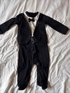 Toddler Black Tuxedo One-Piece with Bow